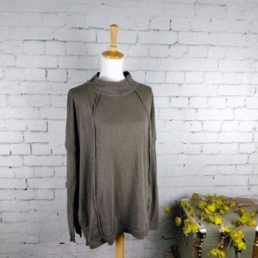 Hello Nite Mock Neck Lagenlook Side Slit Tunic Top In Military Green Small